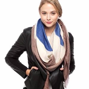 Brown, Blue & Ivory Frayed Color Block Scarf
